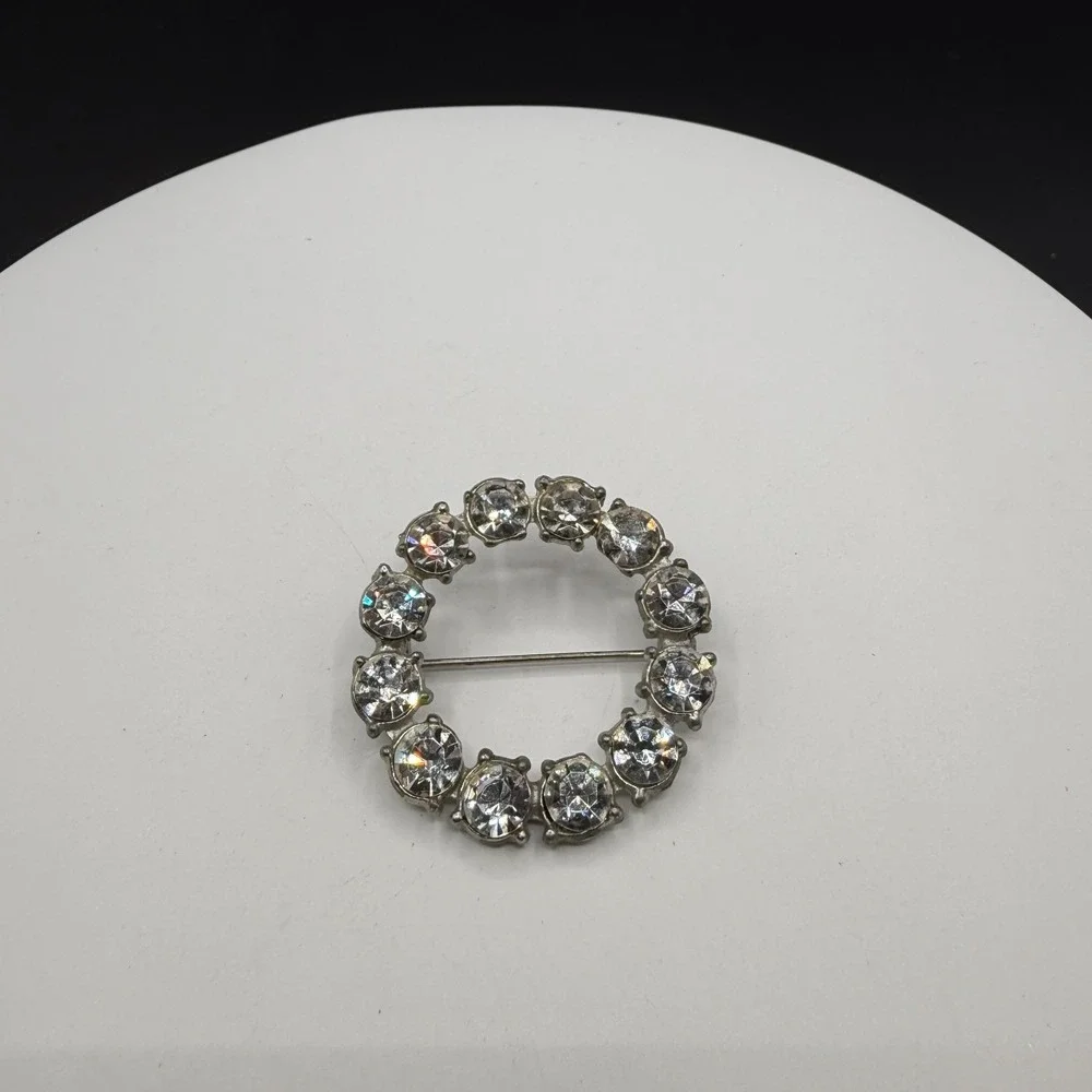 Clear Rhinestone Silver Tone Round Wreath Brooch Pin Bridal Statement Glam Gift